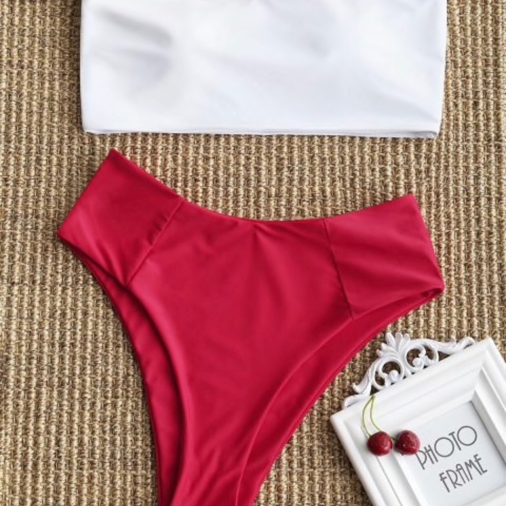 two piece red and white swim suit